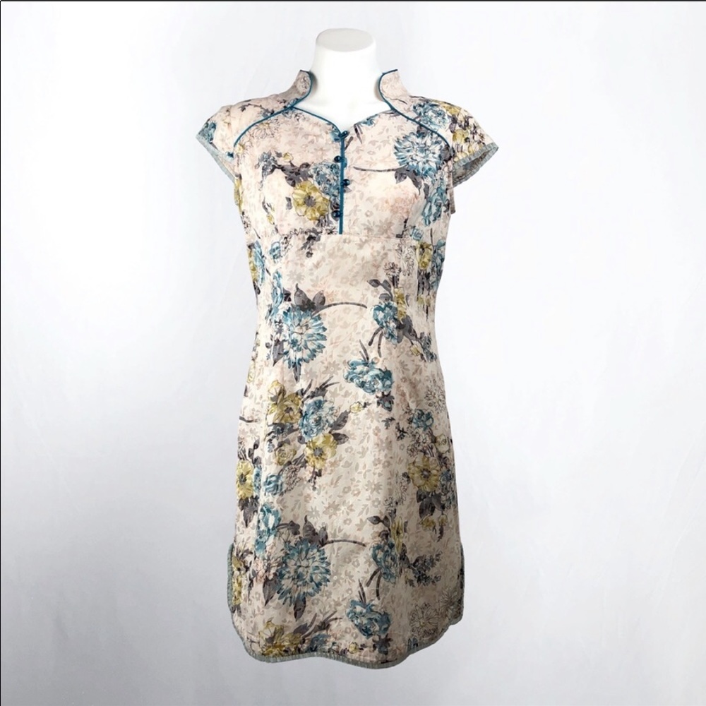 Short Sleeve Cotton Floral Cheongsam Dress